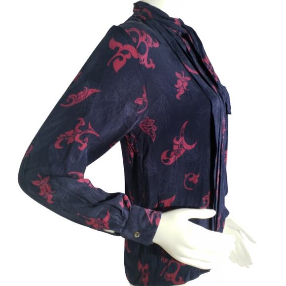 Christian Dior Silk Blouse Dark Blue Floral Print Button Cuff Size 6 - Picture 2 of 6
